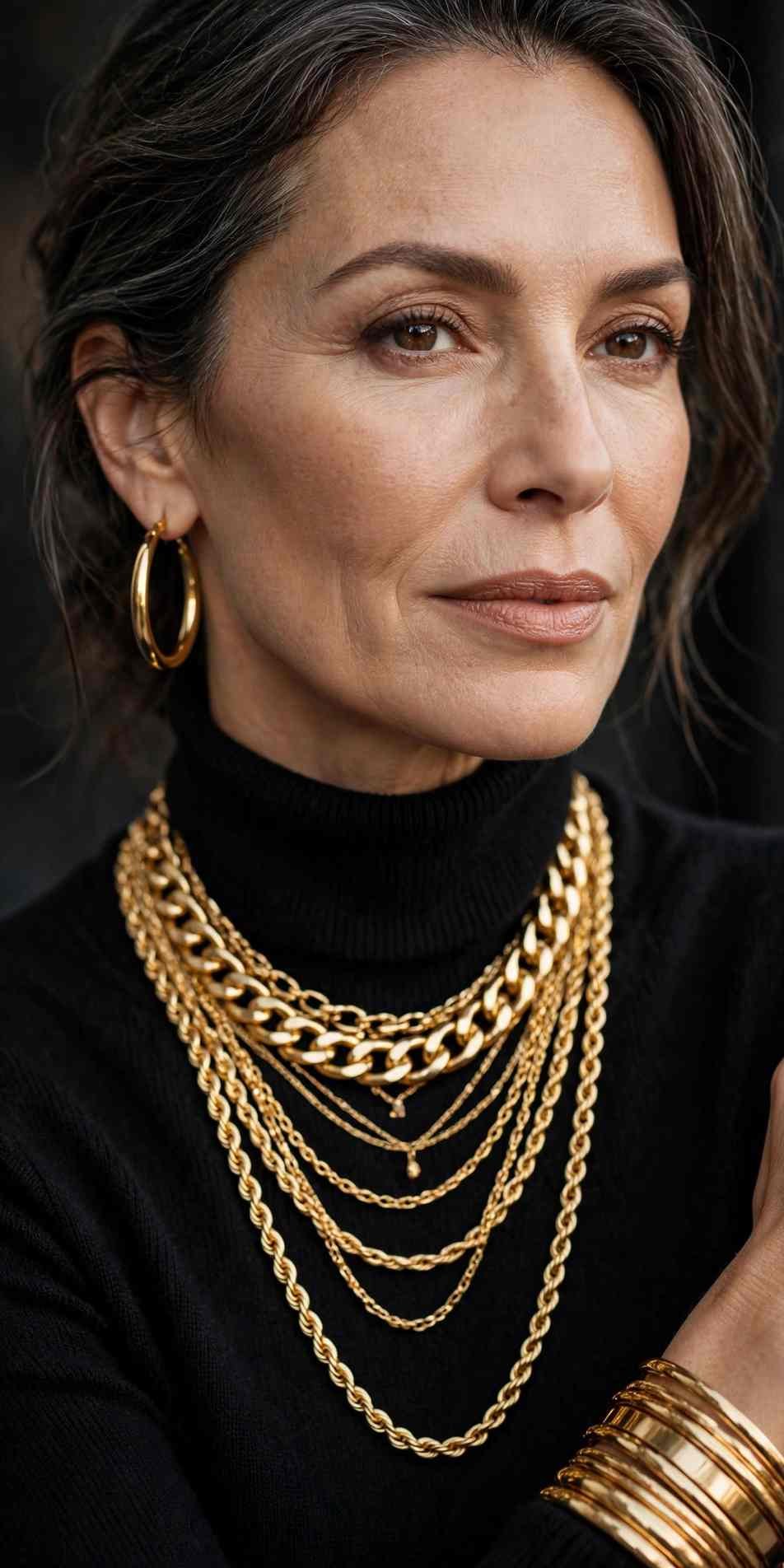 Woman wearing gold jewelry with black outfit, mob wife style