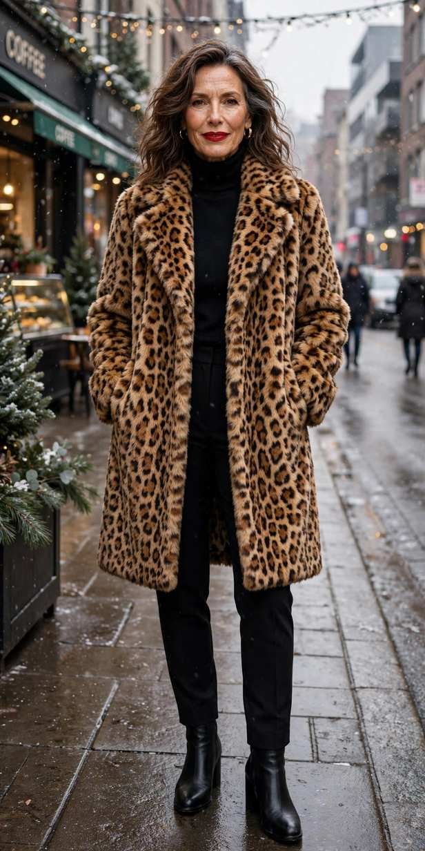 Woman in leopard print coat, mob wife winter outfit