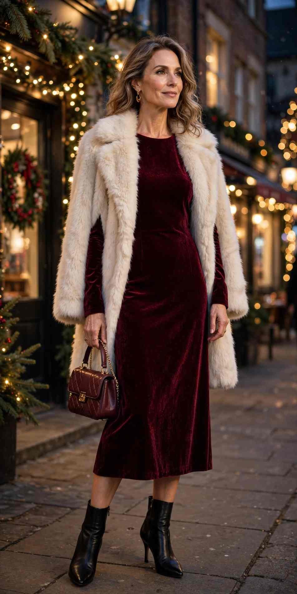 Woman in velvet dress with faux fur coat, holiday outfit