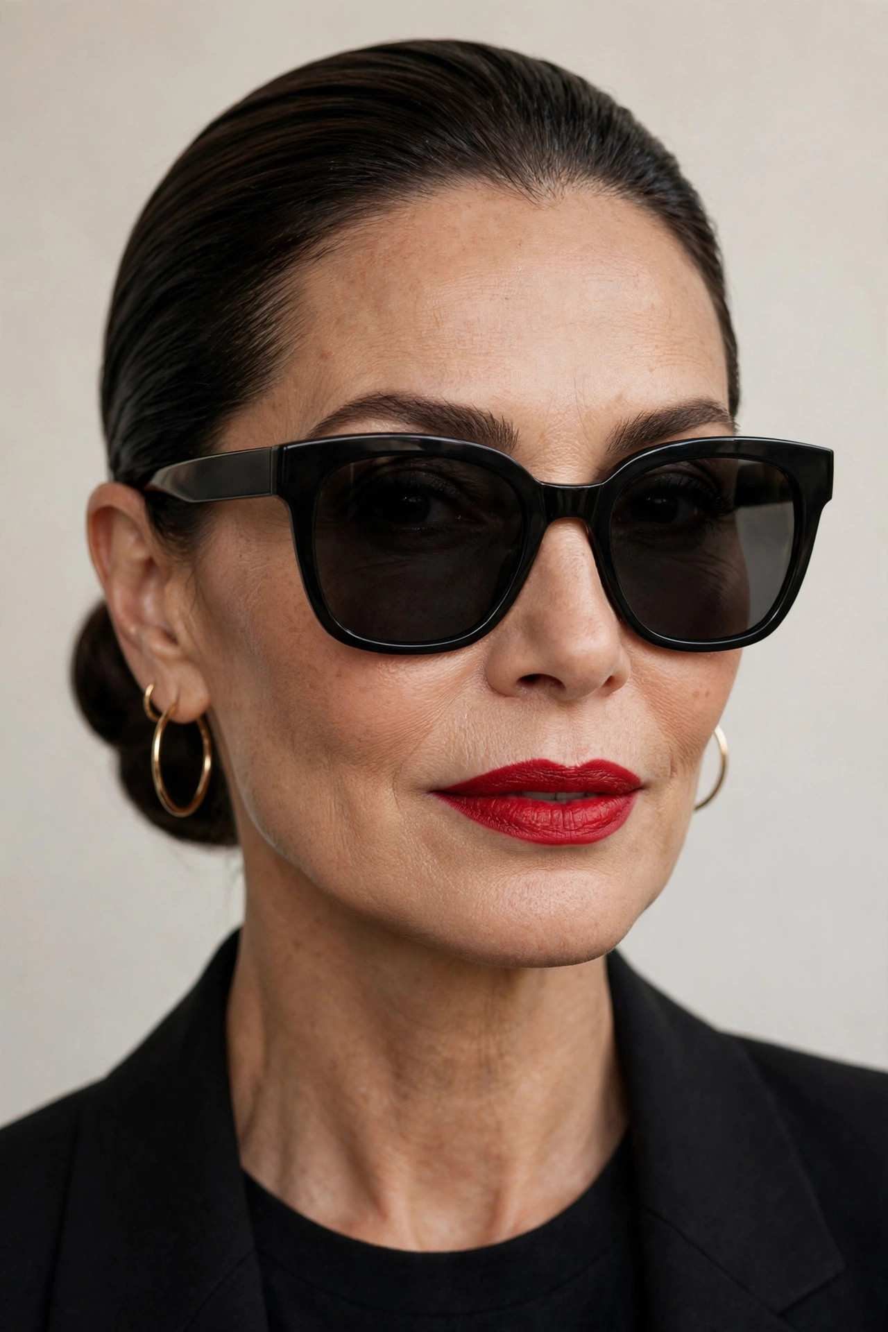 Woman with red lipstick and sunglasses, mob wife beauty look