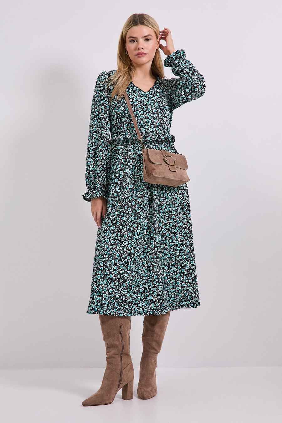 Floral maxi dress with knee high boots