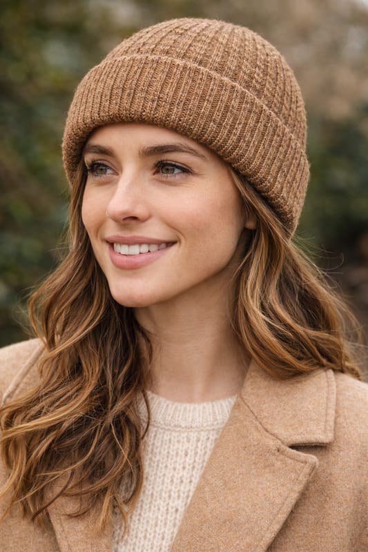 Smiling woman in knit cap and fur-lined coat