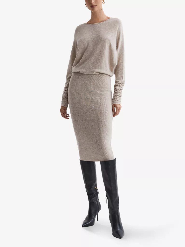 Knit midi skirt with sweater and boots