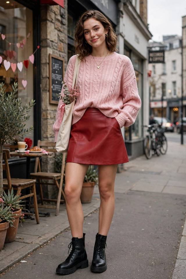 Red Leather Skirt and Pink Sweater