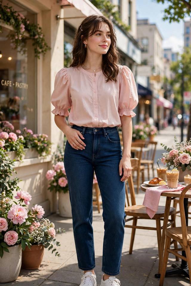 Pink Puff-Sleeve Top and Jeans