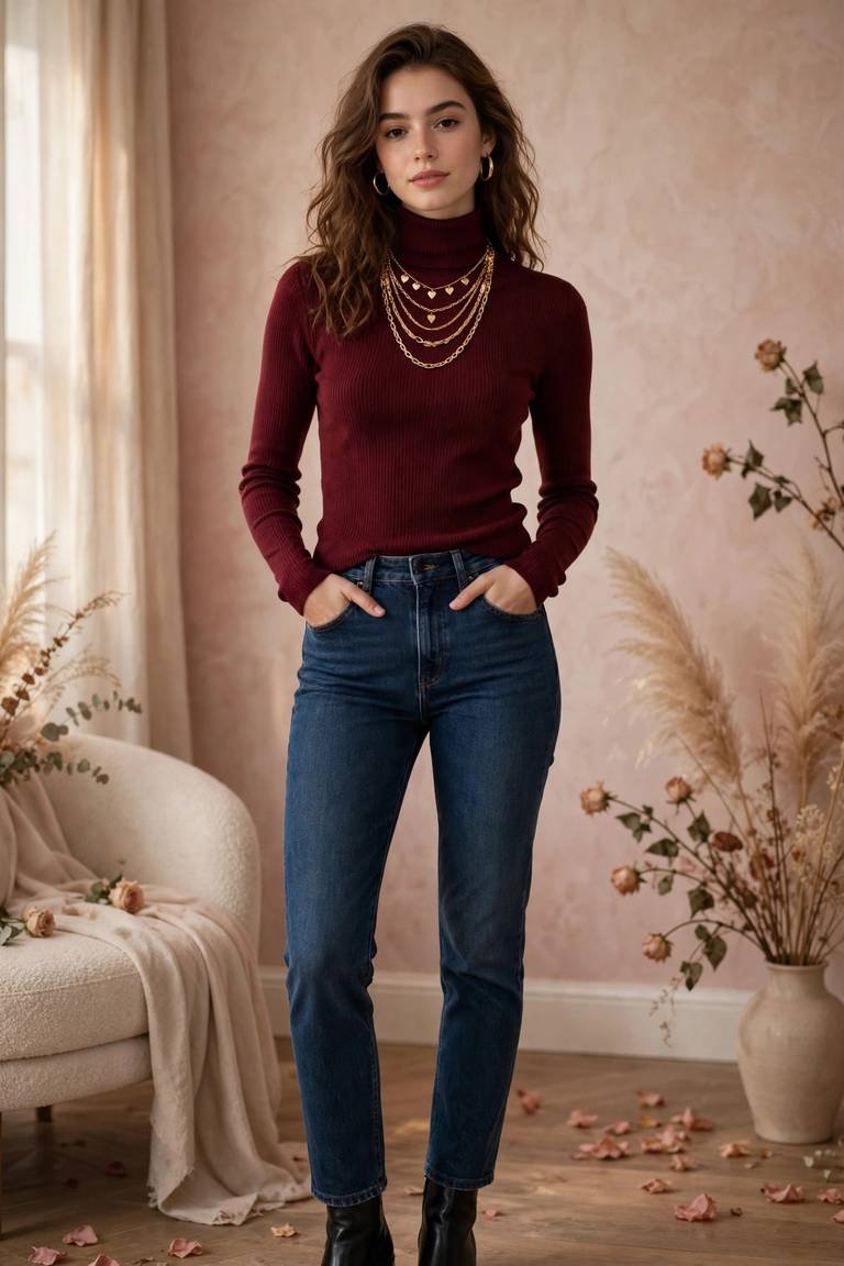 Burgundy Turtleneck and Gold Jewelry