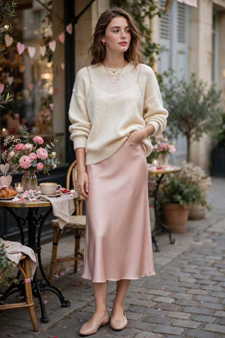 Blush Pink Slip Skirt and Cream Sweater