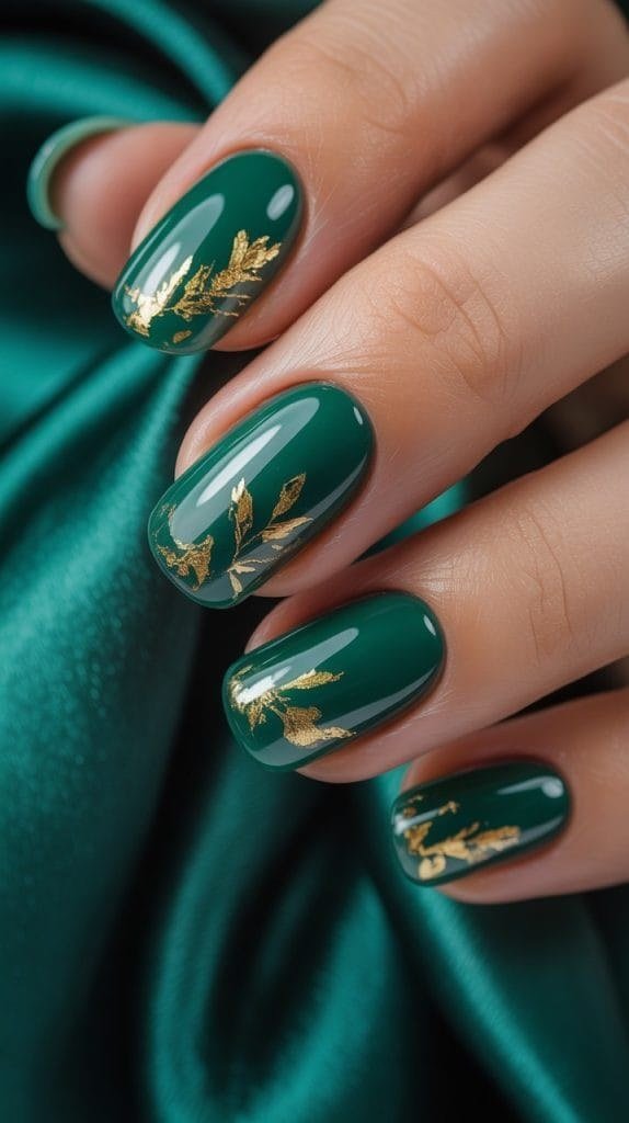 Emerald nail art with gold leaf accents