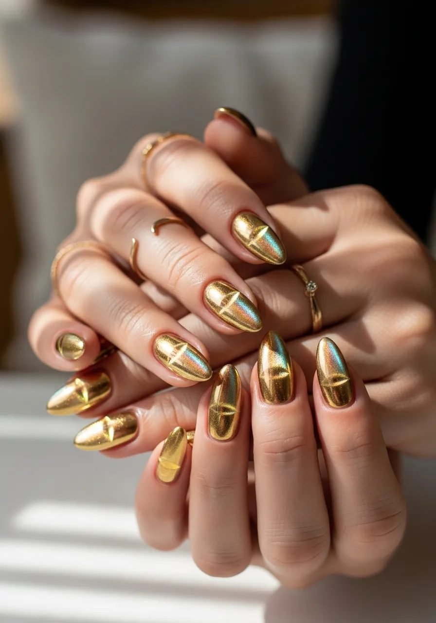 Gold manicure with elegant gold jewelry