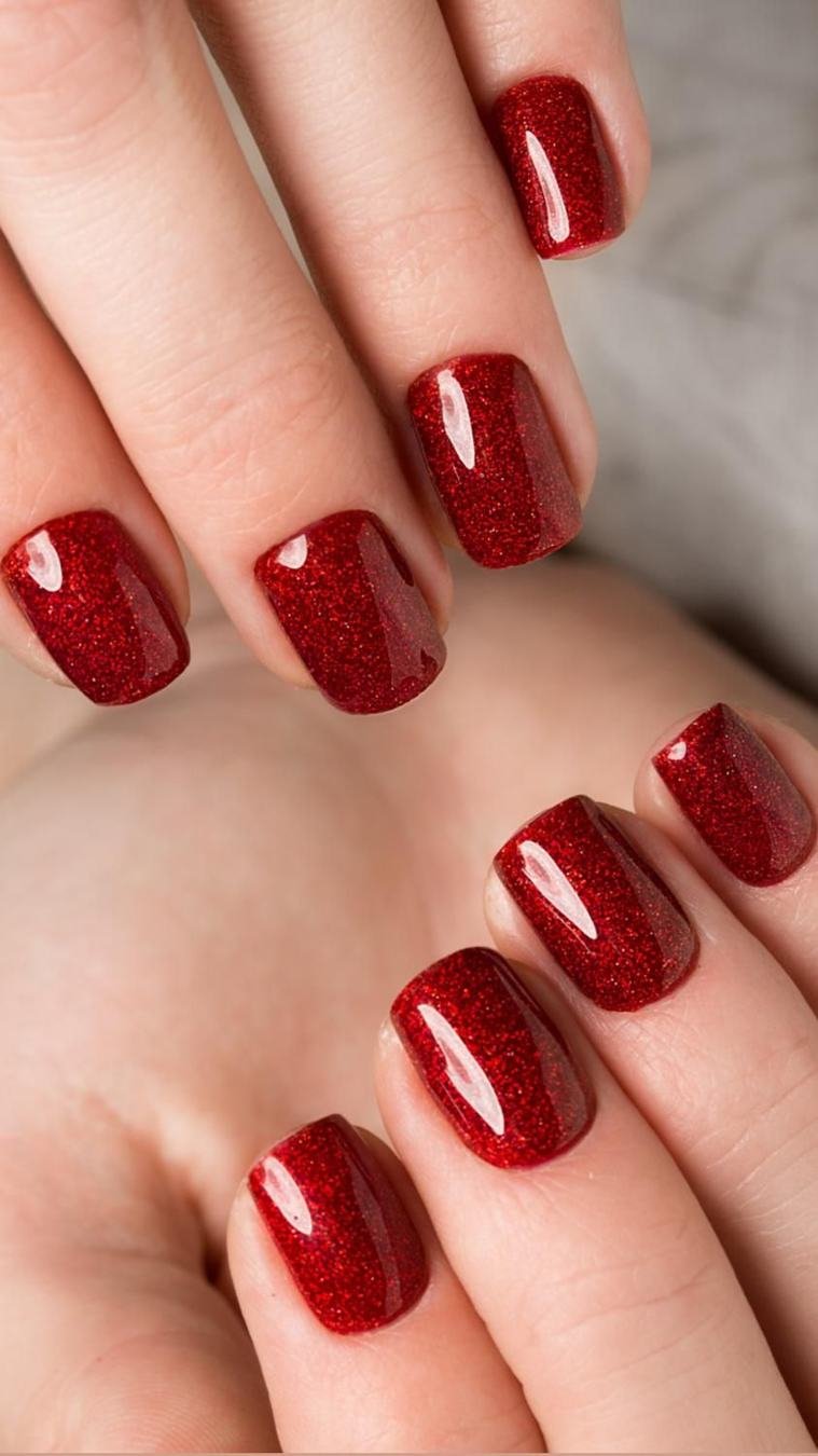 Ruby red glitter manicure
