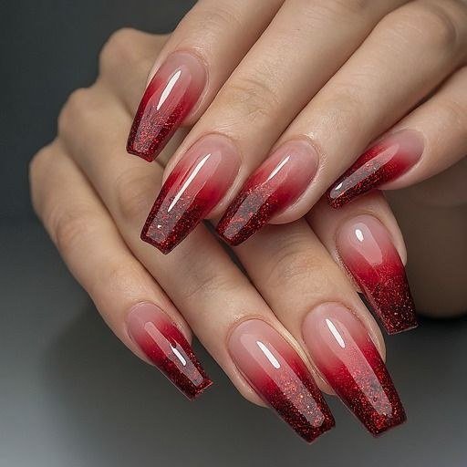 Crimson glitter ombre nails