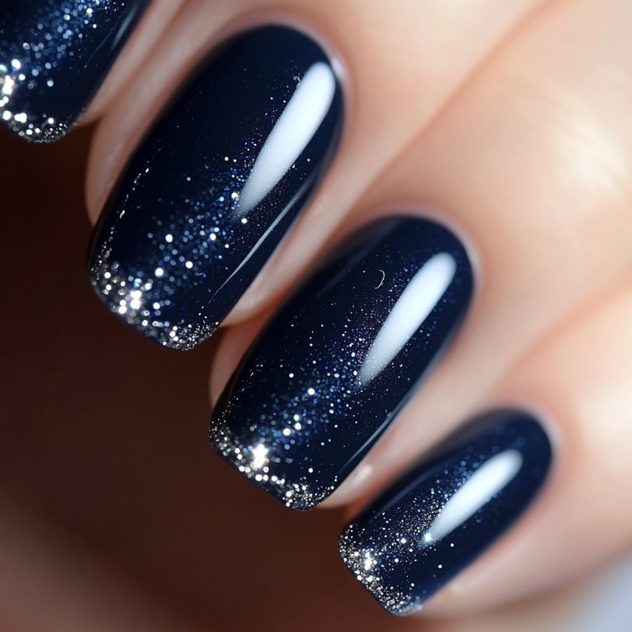Midnight blue glitter manicure