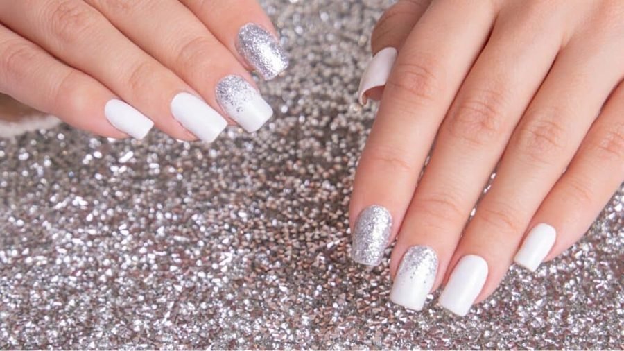 Icy white glitter manicure