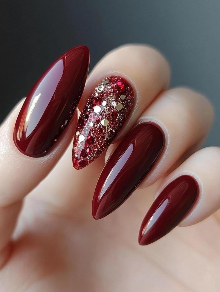 Deep wine glitter manicure