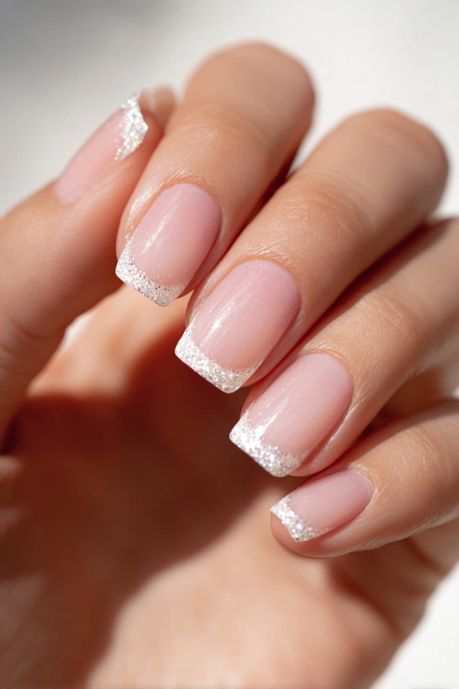 Glitter-dipped French tips on short nails