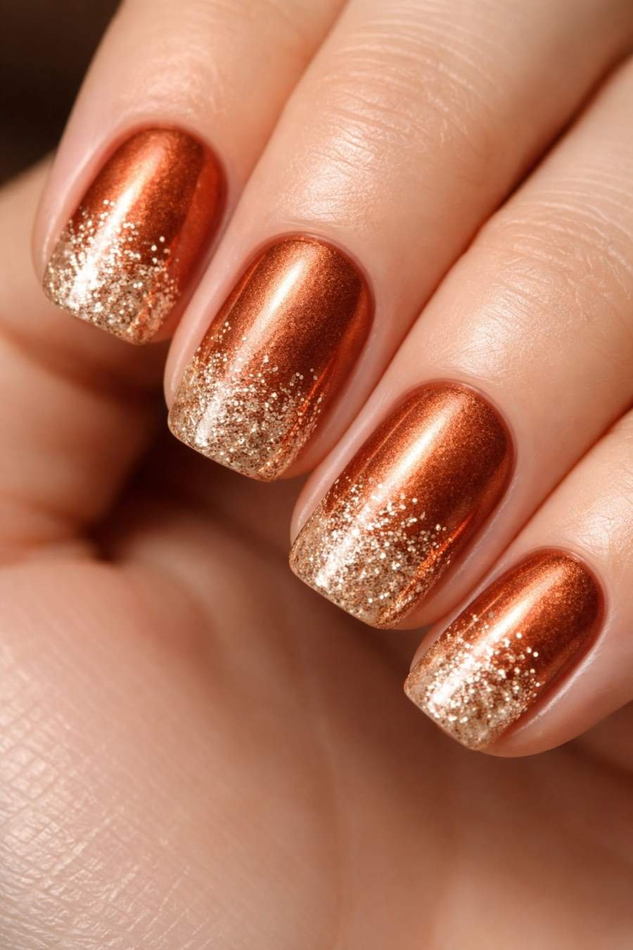 Warm copper glitter on short winter nails
