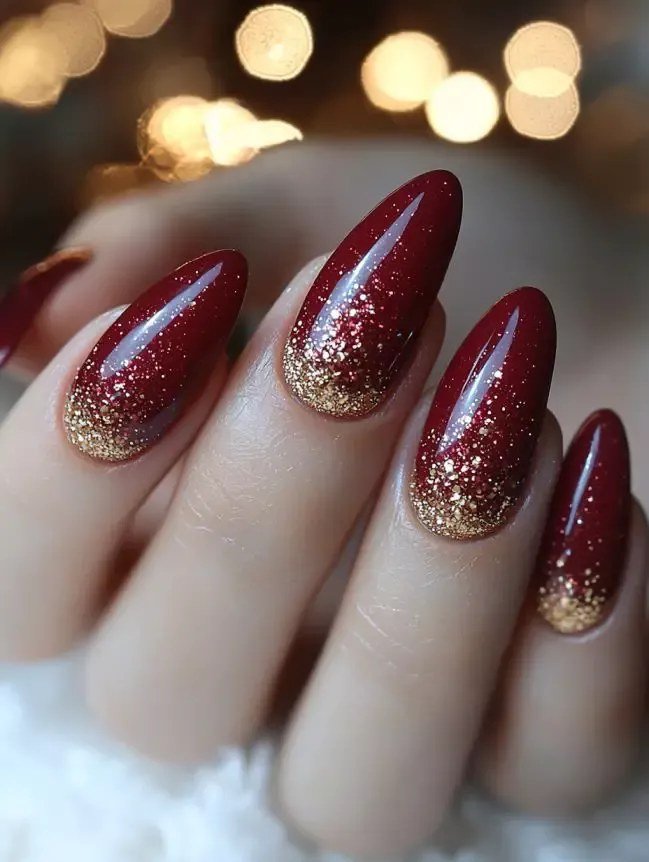 Burgundy glitter ombre on short nails