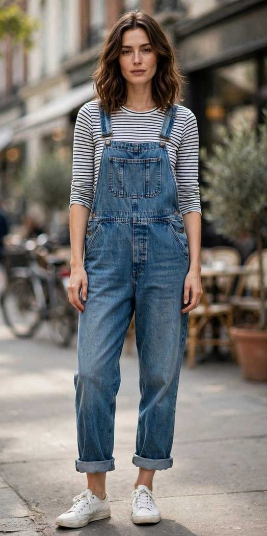 Denim overalls with a striped tee for a casual brunch