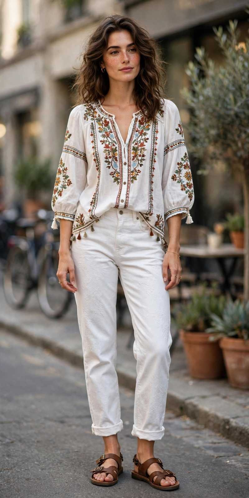 Boho blouse with white jeans for brunch