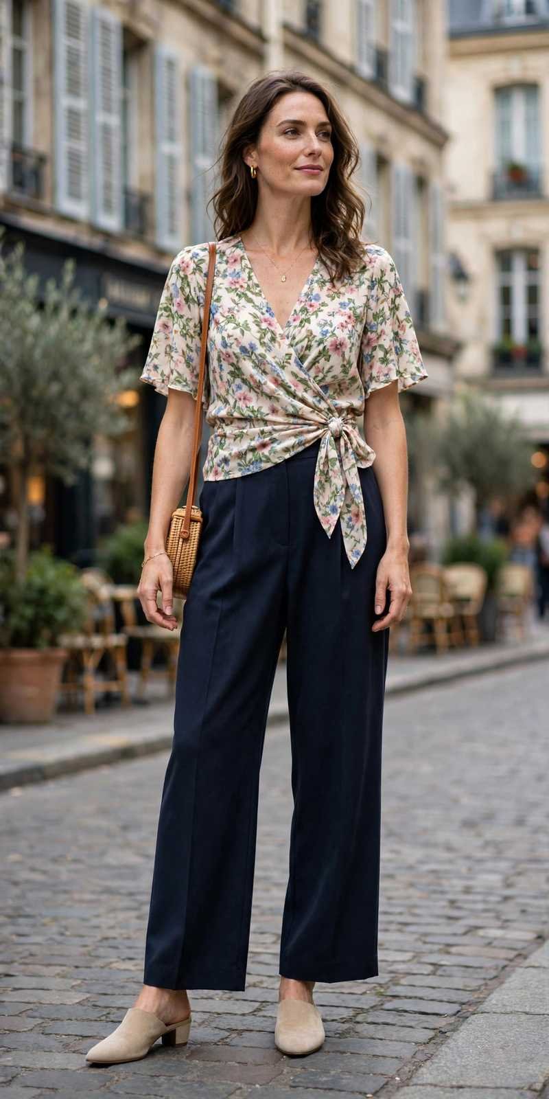 Wrap blouse with dark wide-leg trousers and mules