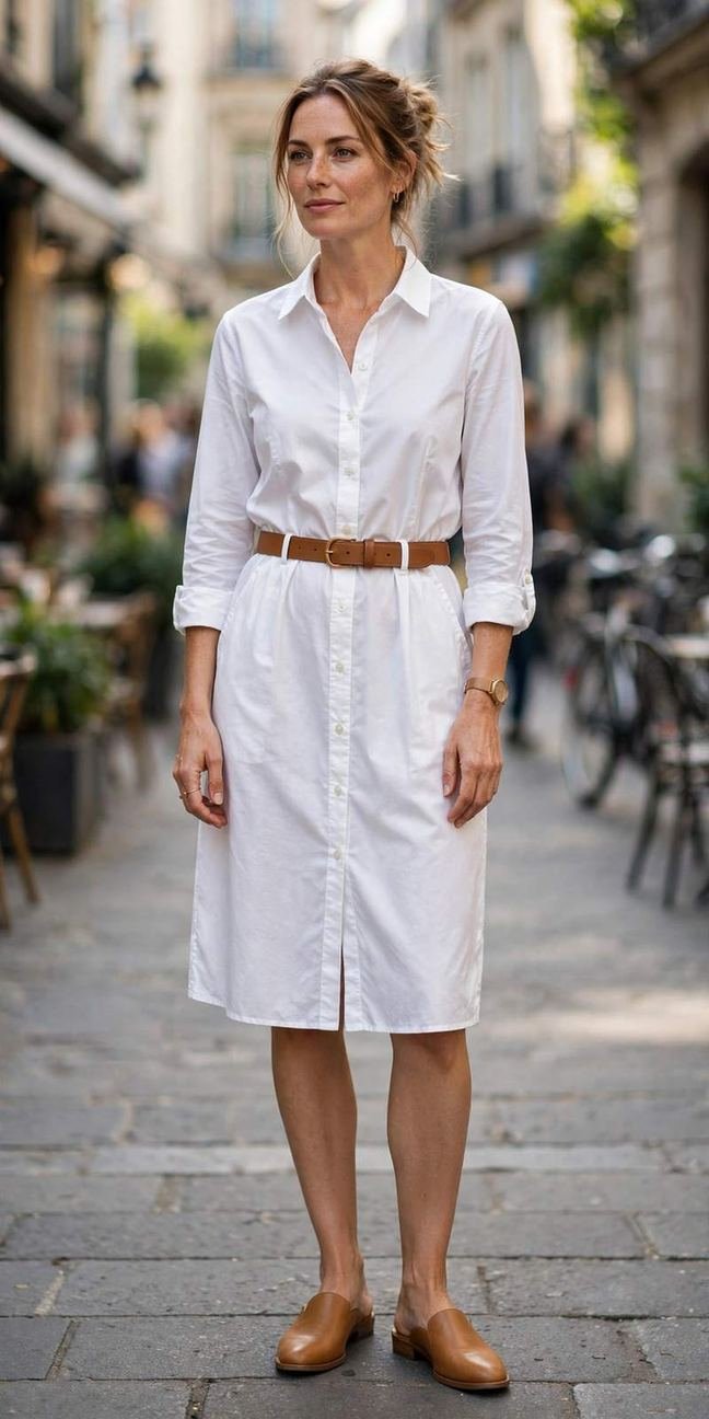 Shirt dress with belt styled for work brunch