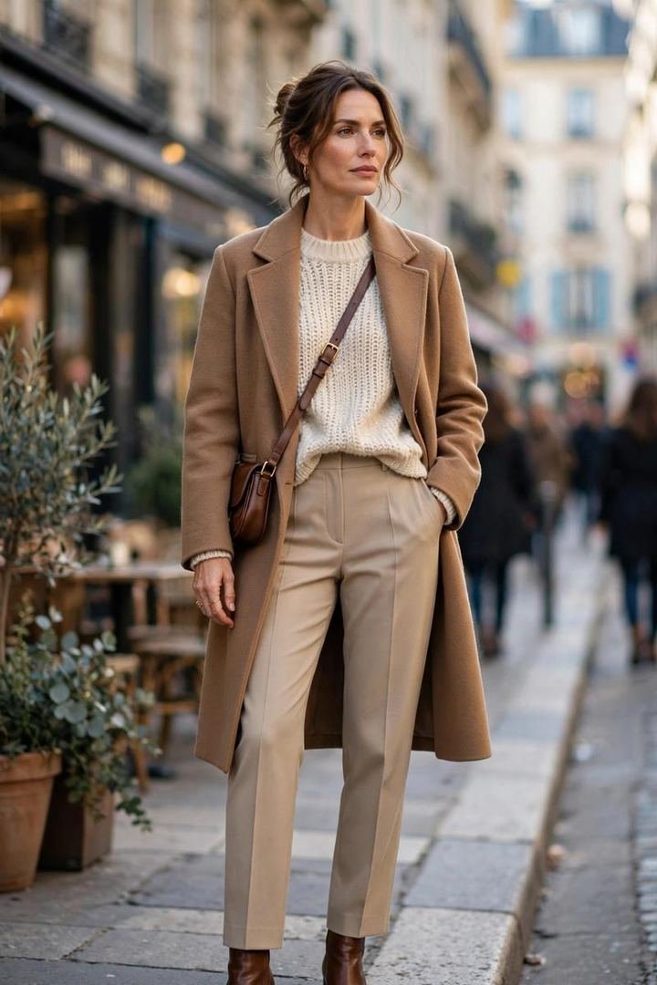 Camel coat layered over a cream knit with trousers