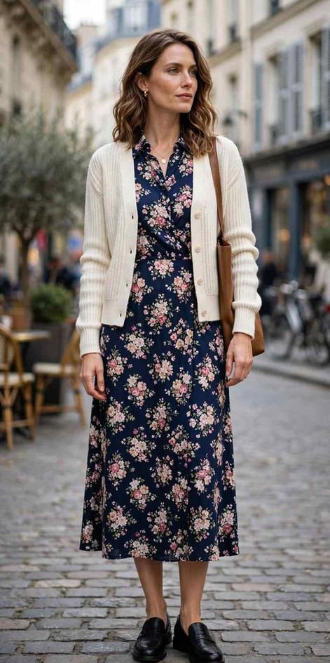 Floral midi dress with a structured cardigan for the office
