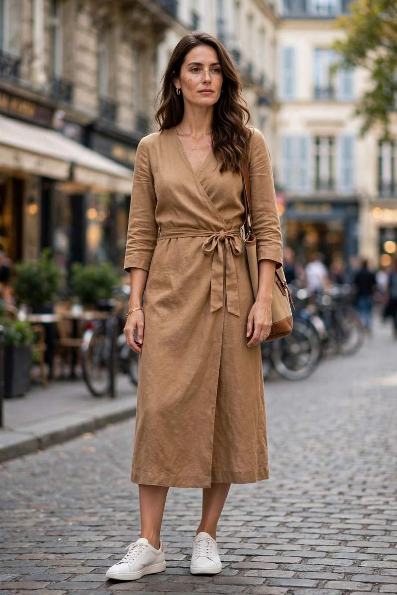 Camel wrap midi dress styled as a work outfit