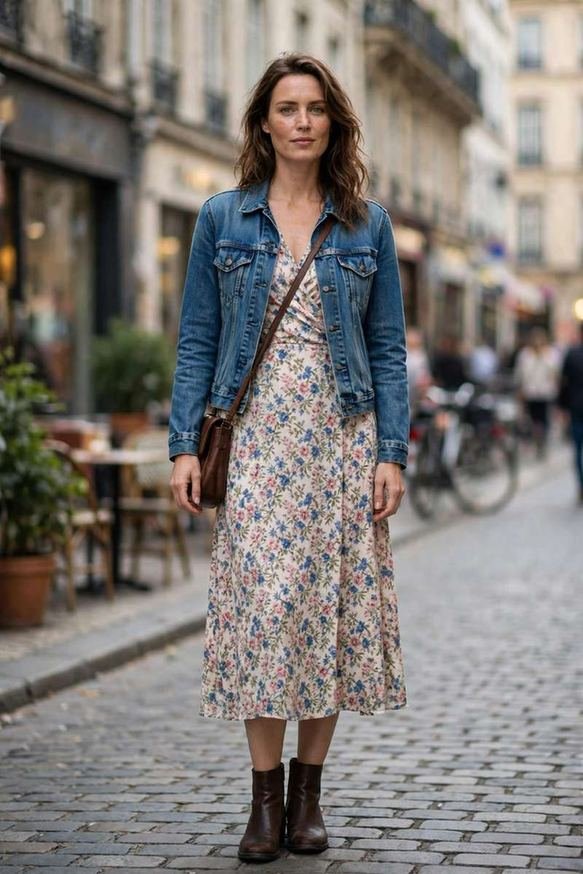 Midi dress with a denim jacket for casual office style