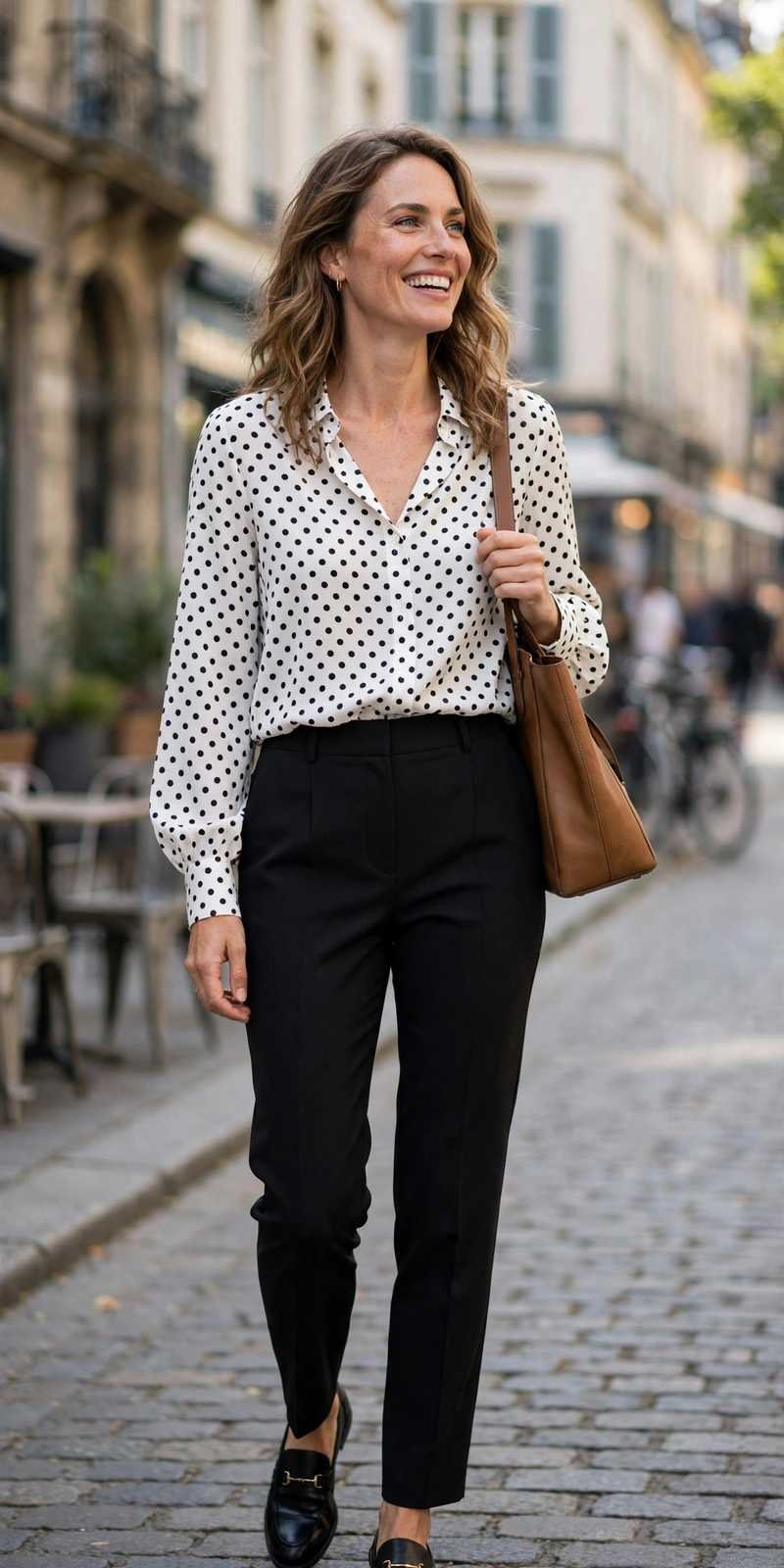 Polka dot blouse with black tailored trousers