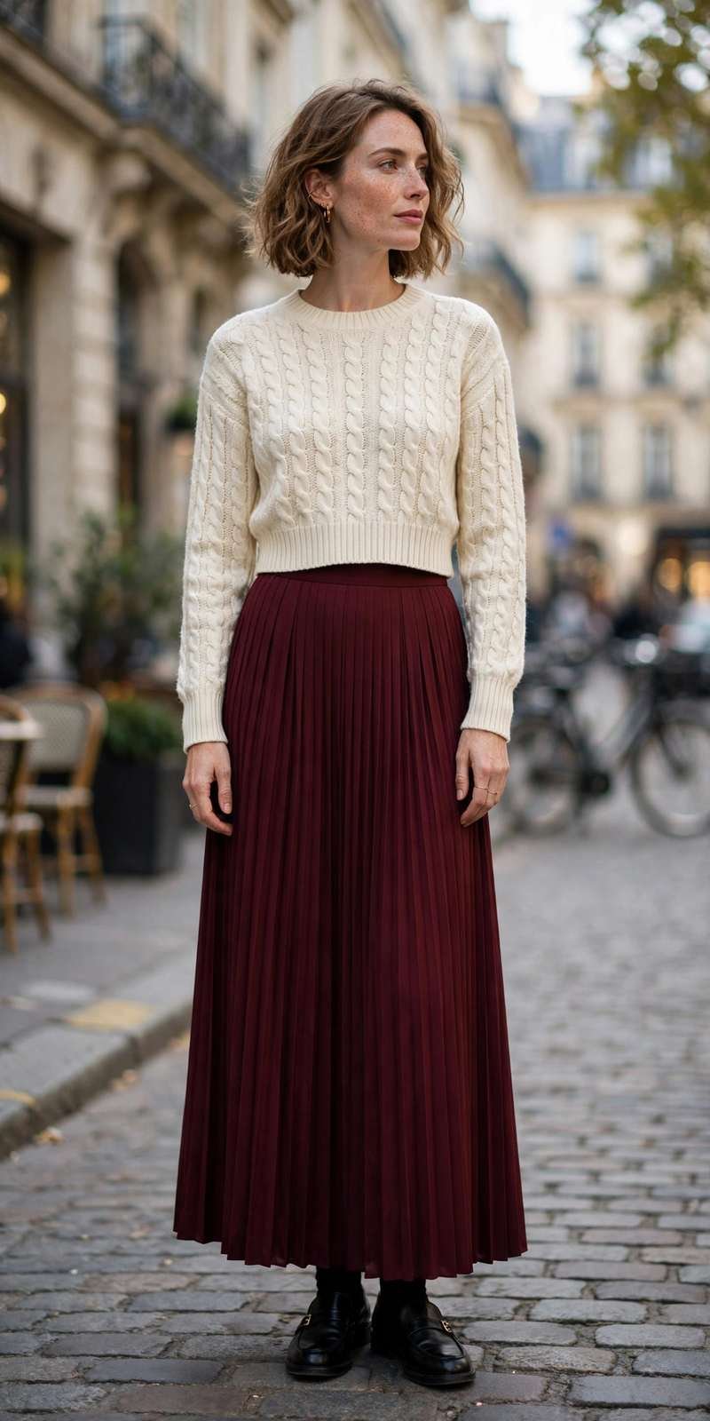 Pleated maxi skirt with a cropped sweater and loafers