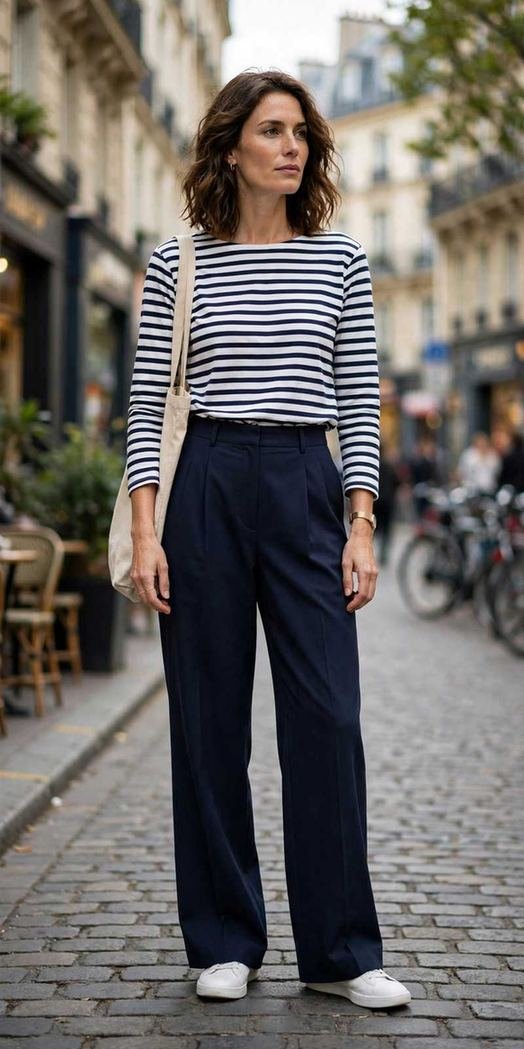 Breton striped top with navy wide-leg trousers