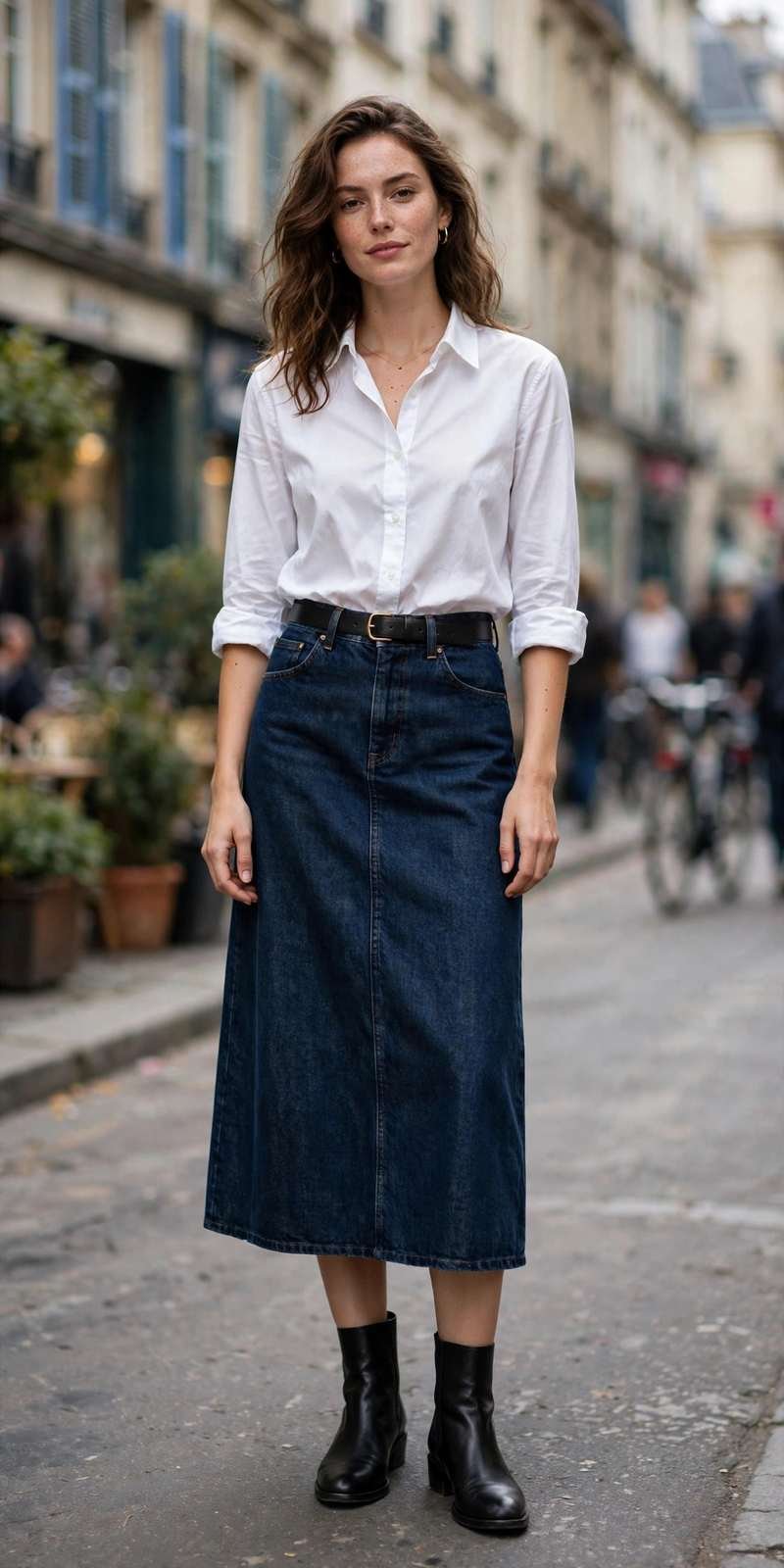 White button-down shirt with a dark denim midi skirt