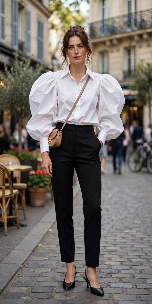 Statement sleeve blouse with tailored cigarette pants