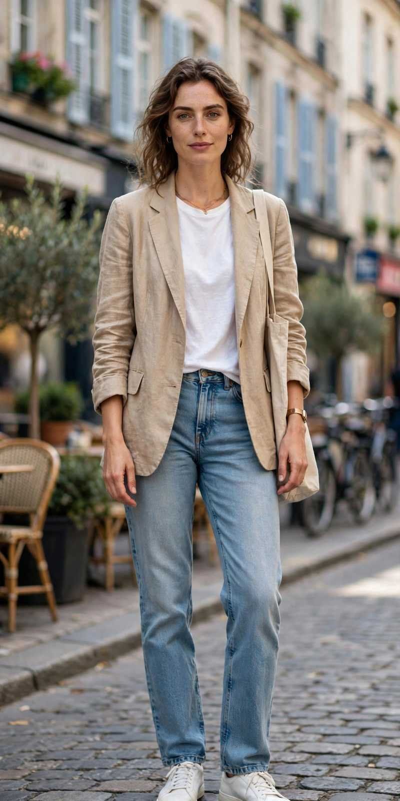 Linen blazer with a t-shirt and jeans for warm-weather work