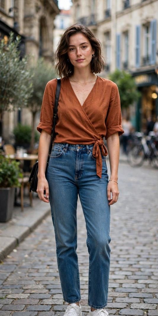 Wrap top with straight jeans for casual work style
