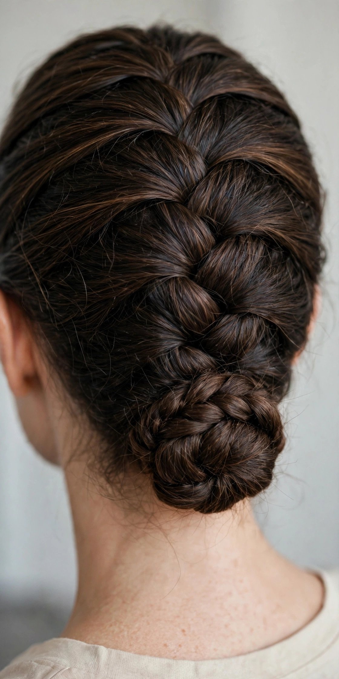 Dutch braid into a bun for thick hair