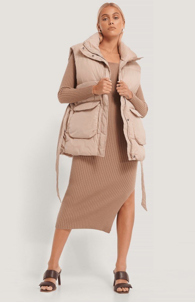 Puffer vest with knit midi skirt