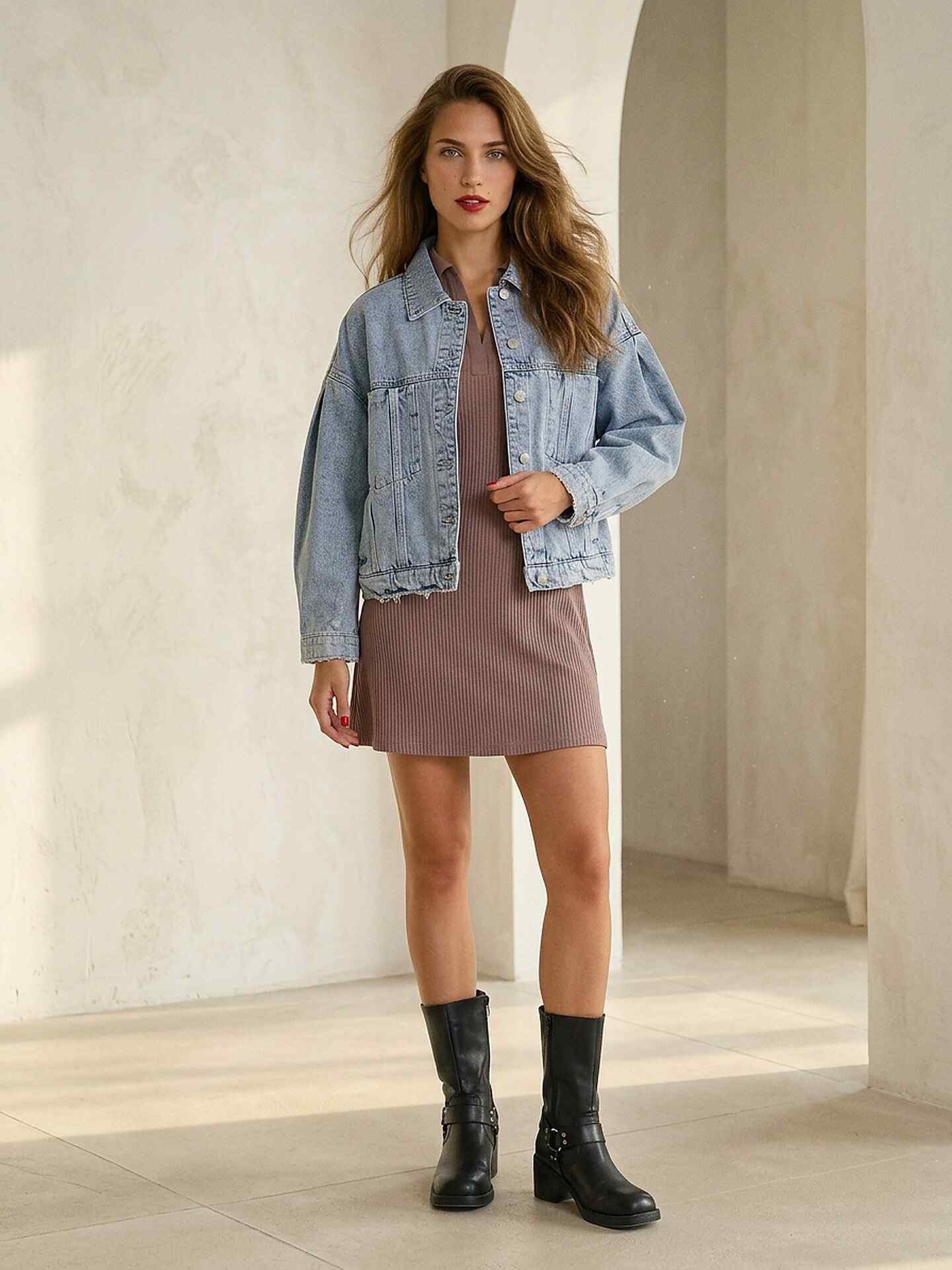Denim jacket with jeans tucked into knee high boots