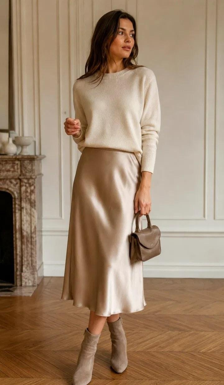 Satin-style skirt with a chunky sweater