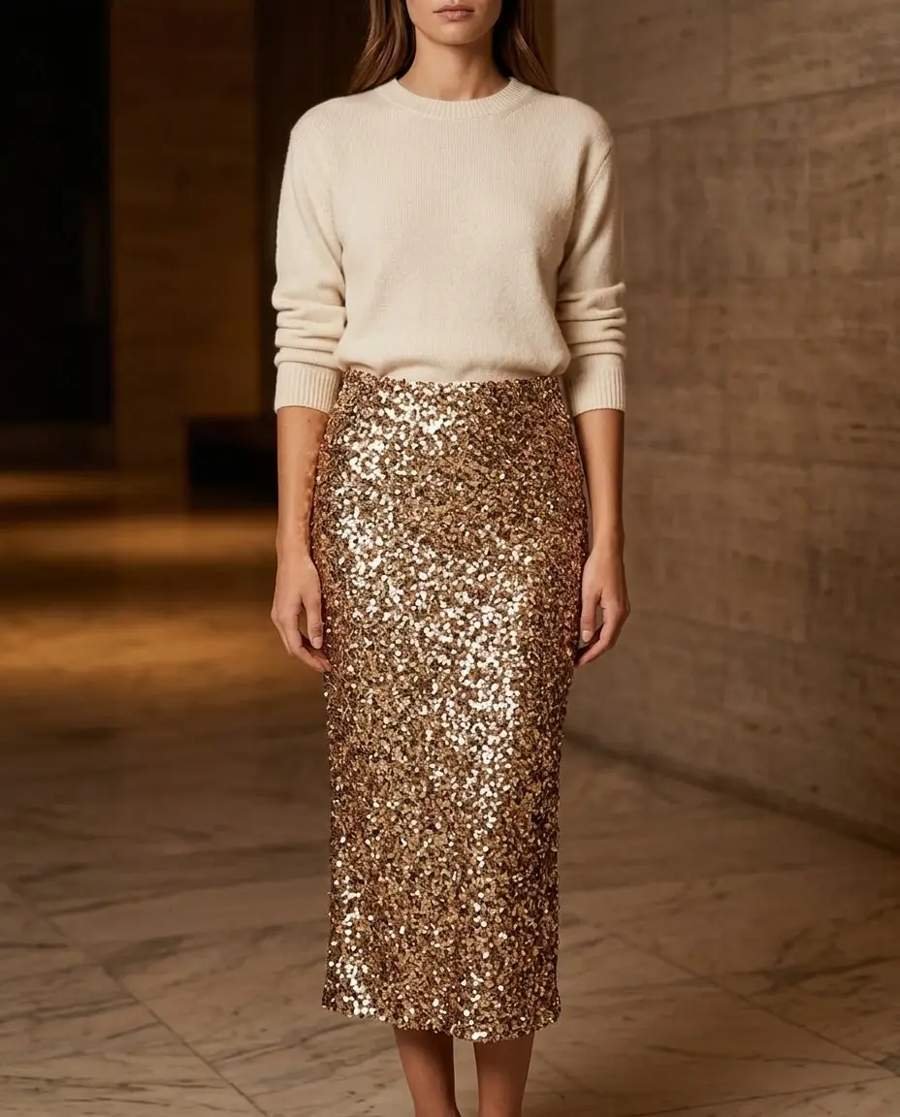 Cream Cable-Knit Sweater and Sequin Midi Skirt