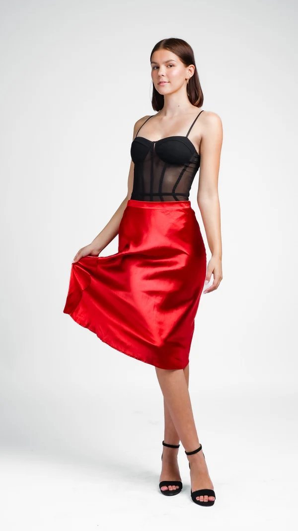 Red Satin Midi Skirt and Black Bodysuit