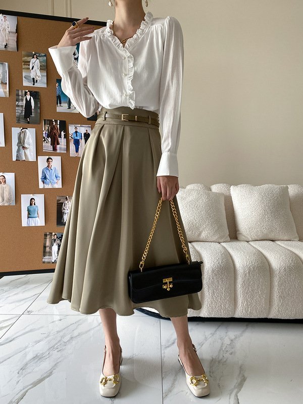 Khaki Midi Skirt and White Blouse