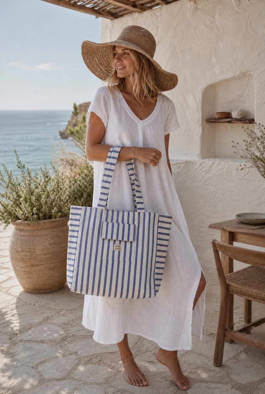 Striped Tote and White Dress