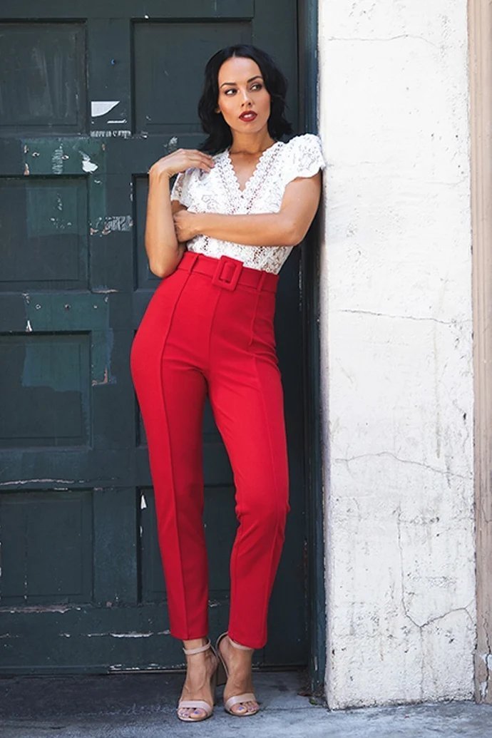 White Lace Top and Red Jeans