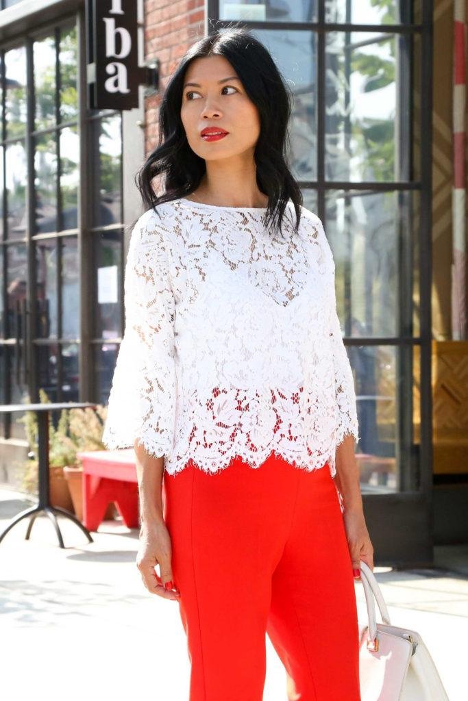 White Lace Top and Red Jeans