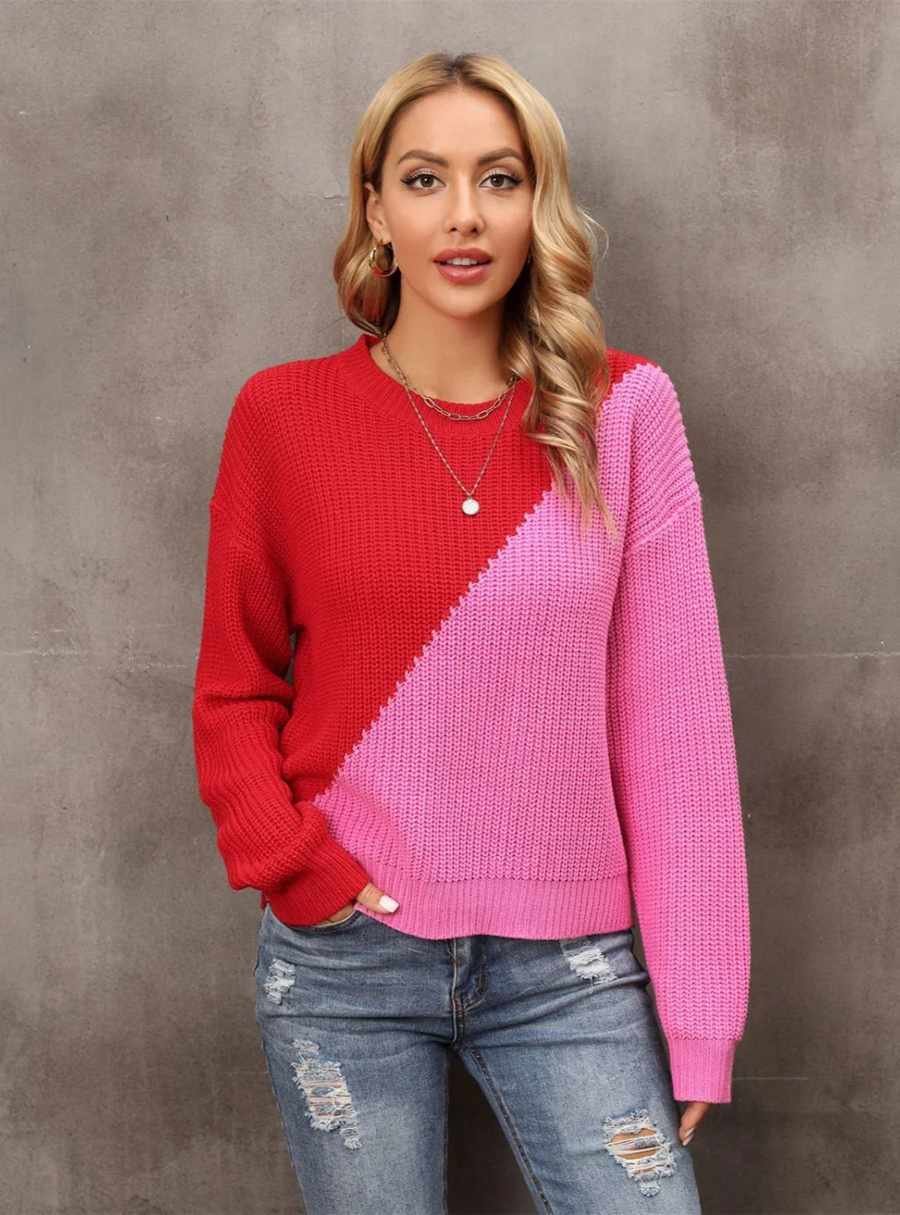 Pink and Red Color-Blocked Sweater