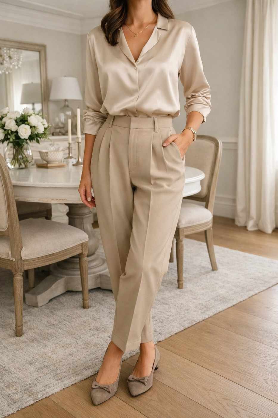 Woman in tailored blouse and trousers