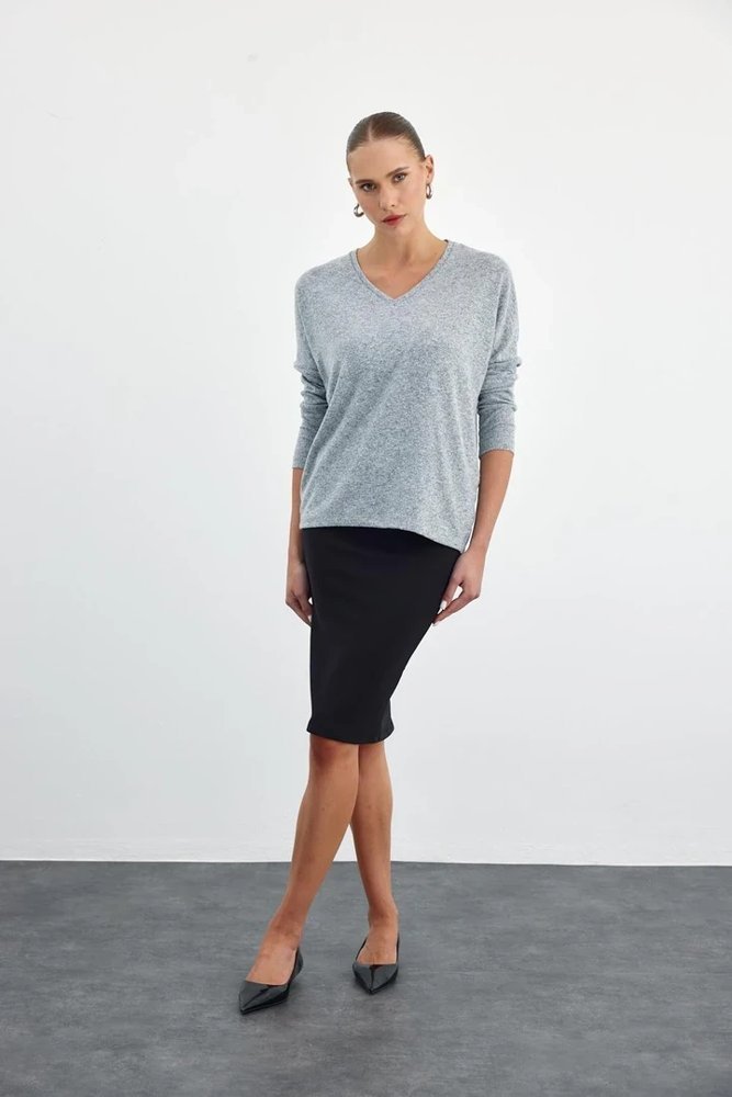 Chambray sweater with black pencil skirt