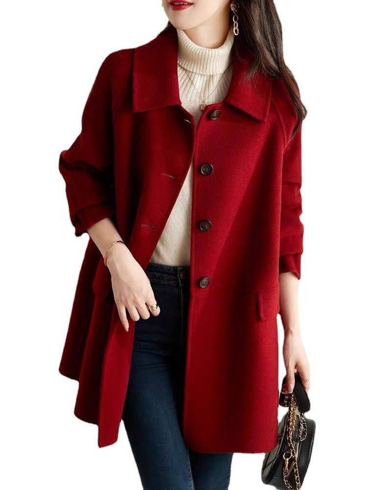 Ivory turtleneck with red coat